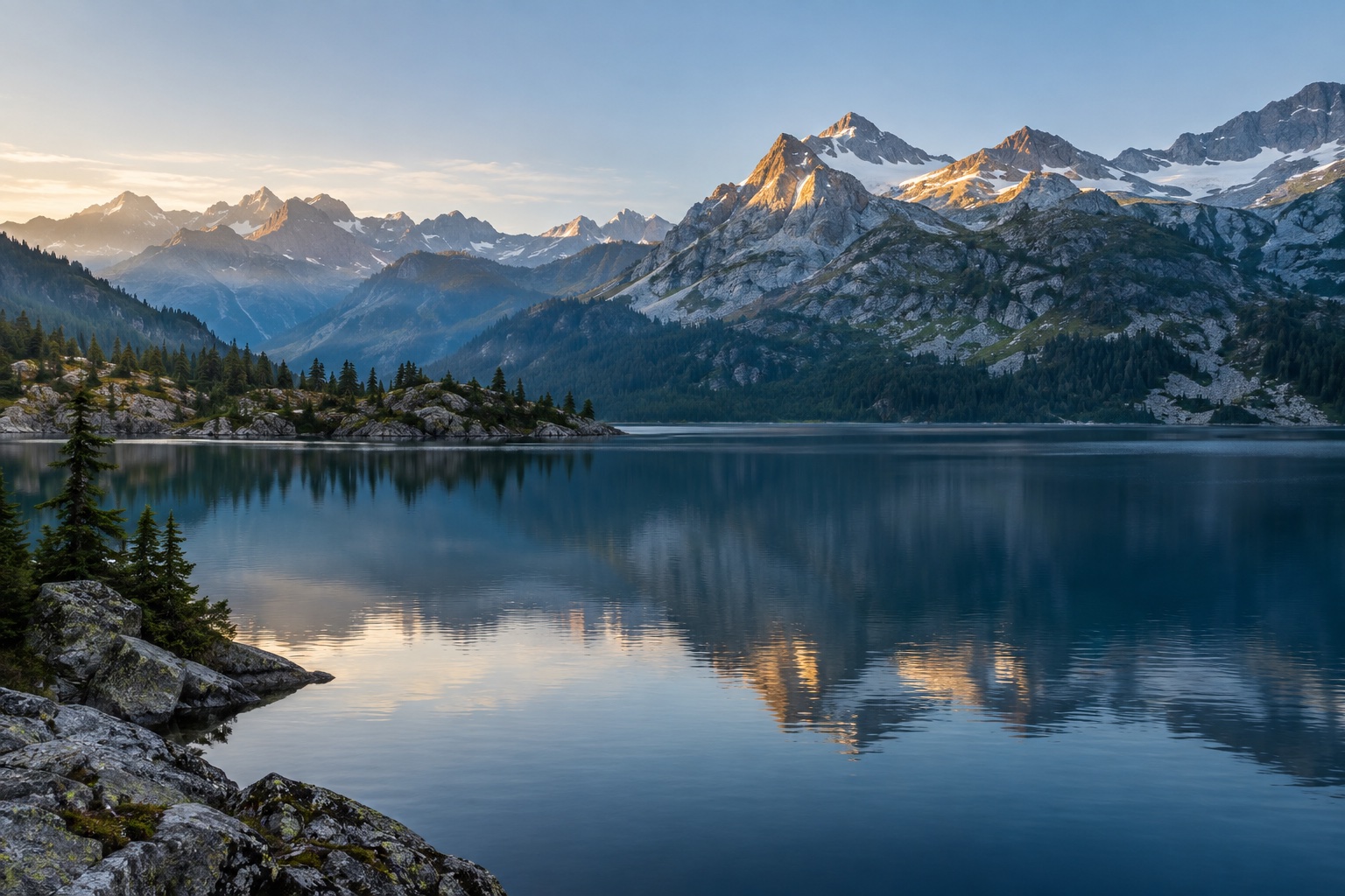 Illustrative alpine lake in morning light